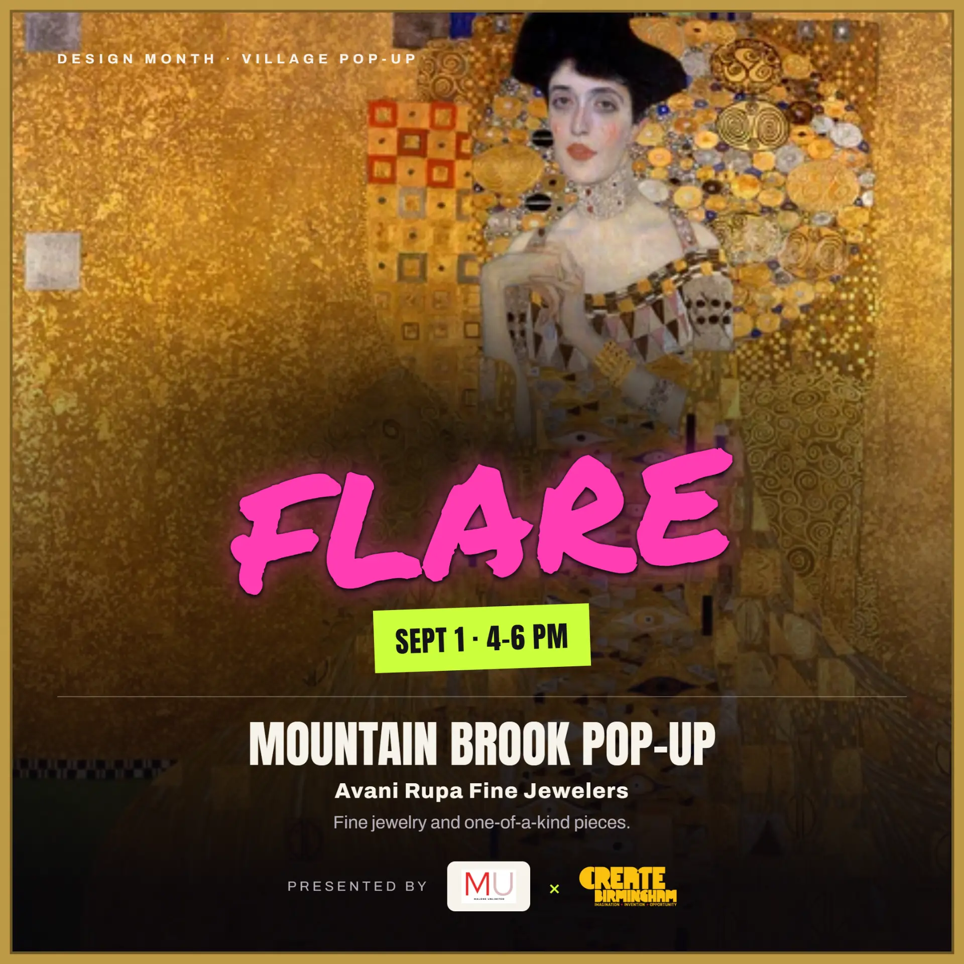 Design Month Flare pop-up flyer — Mountain Brook, Avani Rupa Fine Jewelers, Sept 1, 4-6 PM